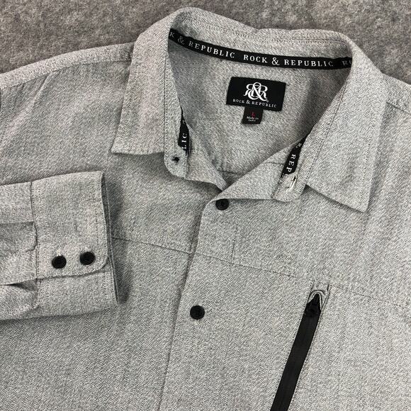Rock & Republic Mens Shirt Large Gray Button Up Long Sleeve Front Zipper Cotton - Picture 1 of 12